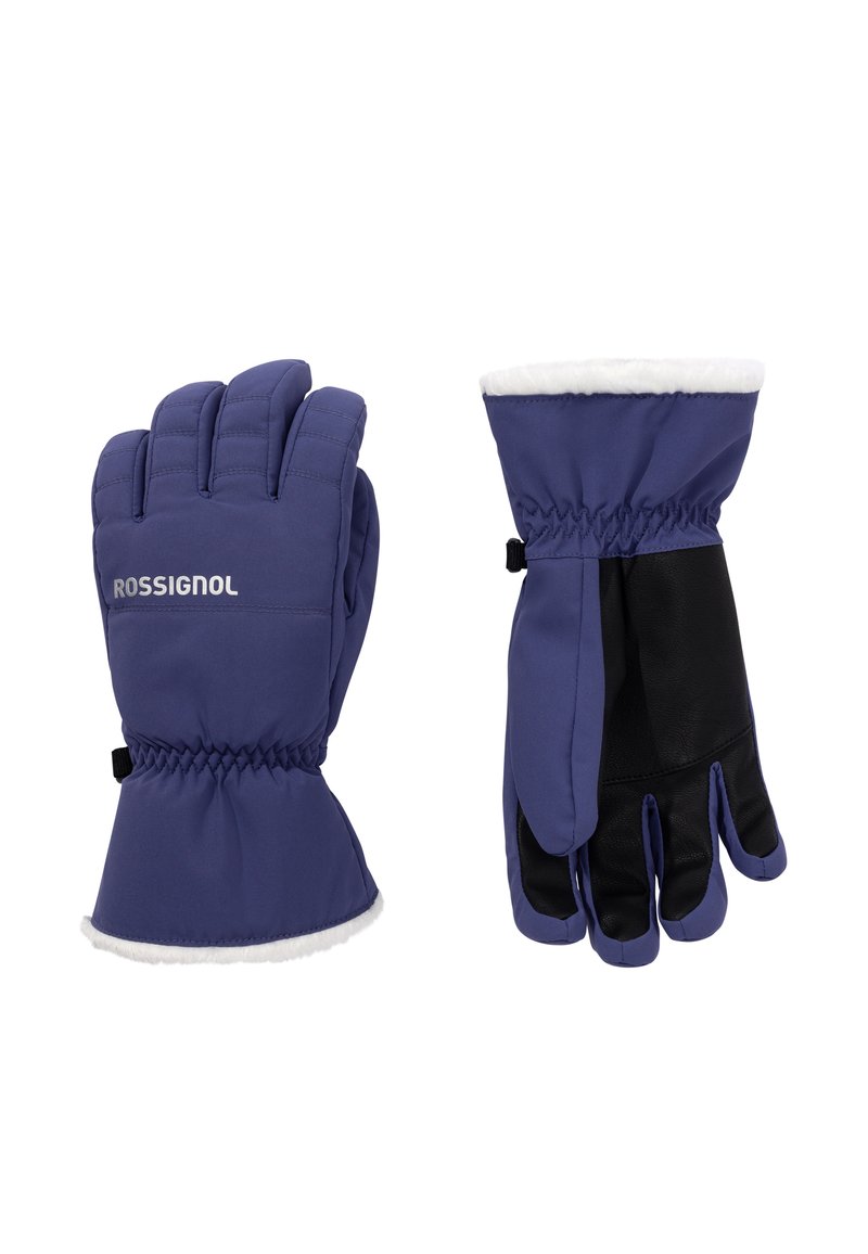 Blå isolerade vinterhandskar med svart handflata och vit fleecefoder, ett par handskar visas framifrån med "Rossignol"-logotyp.