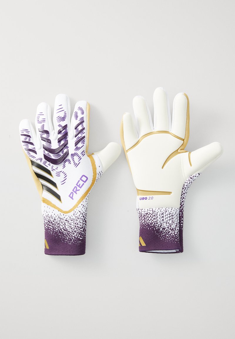 Gants de gardien de but avec des paumes en latex blanc, des accents violets et des motifs de grip texturé. Comprend des éléments jaunes et des rayures noires.