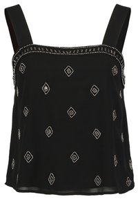 Top senza maniche nero con scollatura ampia, decorato con motivi a diamante argentati e dettagli di perline lungo il bordo.