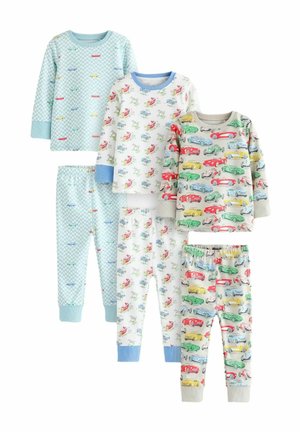 Set di quattro pigiami con design azzurro chiaro e decorazioni che raffigurano auto colorate. Realizzati in morbido cotone con polsini a costine.