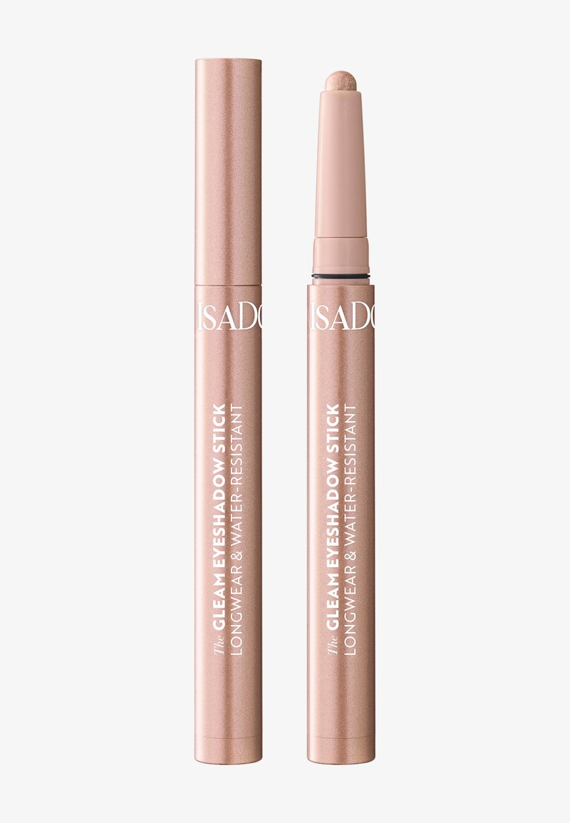 L'ombretto in stick color oro rosa con una punta affusolata, design a doppio lato, caratterizzato da testo bianco in rilievo che indica "a lunga durata e resistente all'acqua."