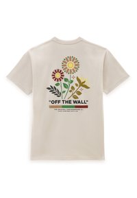 Camiseta de algodón beige con un gráfico floral en rojo, amarillo, verde y marrón, con el texto y la marca "OFF THE WALL" debajo del diseño.