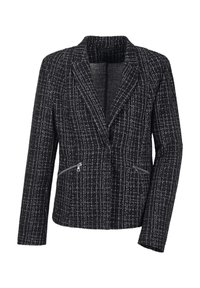 Schwarze, strukturierte Blazer mit einem dezenten Karomuster, Reverskragen und zwei mit Reisverschluss versehenen Vordertaschen. Taillierte Passform mit langen Ärmeln.