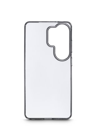 Clear flexible phone case with a black border and a large cutout for the camera on a plain white background.