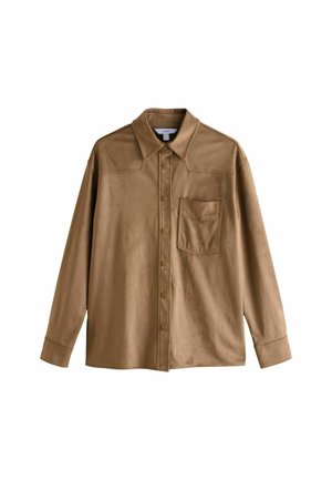 Brown button-up shirt made of smooth fabric, featuring a pointed collar, chest pocket, and long sleeves.