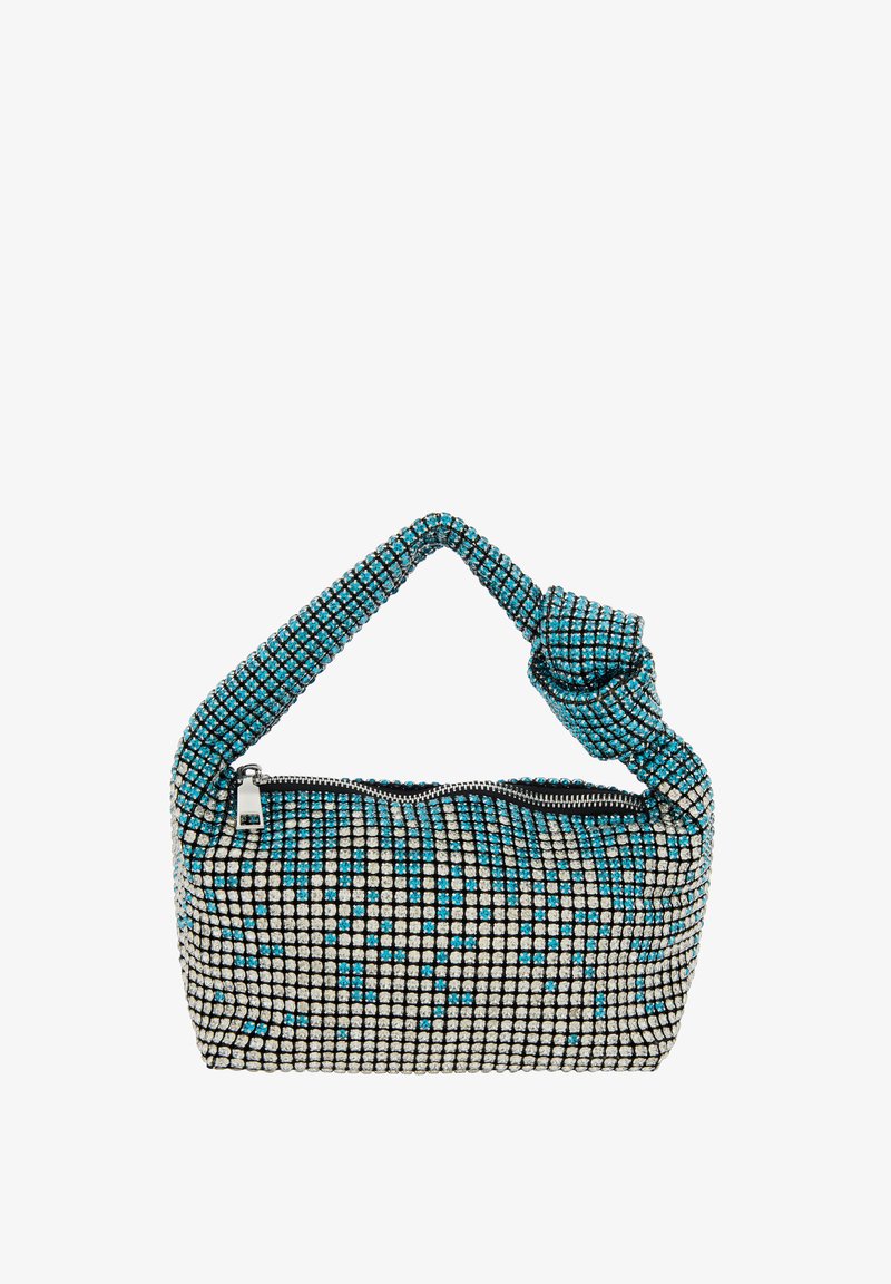 Perlenhandtasche mit einem geknoteten Griff, der ein Rutenmuster aus silbernen und türkisfarbenen Perlen auf schwarzem Hintergrund zeigt, mit einem Reißverschluss.