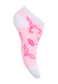 Calzino alla caviglia rosa con punta bianca. Presenta motivi di farfalle e labbra in rosa scuro. Realizzato in un tessuto morbido e elastico.