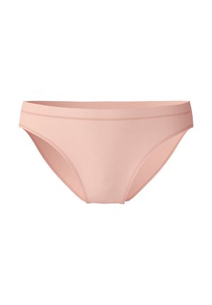 Mutande bikini in tessuto rosa con una superficie liscia, design a vita media e due sottili strisce orizzontali lungo l'elastico in vita.