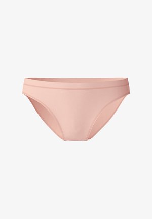 Mutande bikini in tessuto rosa con una superficie liscia, design a vita media e due sottili strisce orizzontali lungo l'elastico in vita.