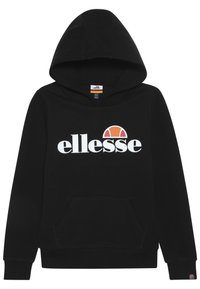 Black hoodie features a kangaroo pocket, ribbed cuffs, and a large white "ellesse" logo with a multicolored accent above it.