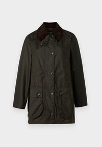 Dark green waterproof jacket with a brown corduroy collar, snap buttons, two front pockets, and a relaxed fit. Smooth texture, casual design.