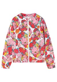 Blomsterjakke med en række iøjnefaldende blomster i pink, rød og gul på en hvid baggrund; elastiske manchetter og en lynlås foran.