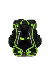 Black backpack with bright green accents and geometric patterns. Features adjustable straps, reflective strips, and multiple compartments.