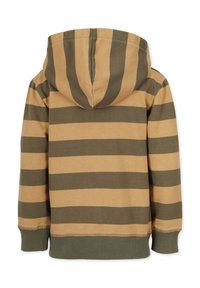 Hooded sweatshirt featuring horizontal stripes in tan and olive green. Made from a soft material with ribbed cuffs and hem.