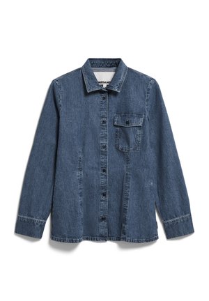 Denim shirt in dark blue with a collar, button-up front, single chest pocket, and long sleeves featuring button cuffs and a relaxed fit.