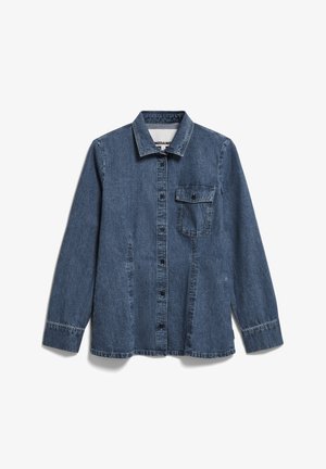 Denim shirt in dark blue with a collar, button-up front, single chest pocket, and long sleeves featuring button cuffs and a relaxed fit.