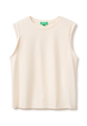 Haut beige sans manches à col rond avec des emmanchures légèrement roulées et une étiquette verte United Colors of Benetton à l'encolure.