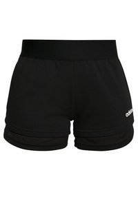 Pantalones cortos deportivos negros con cintura ancha y capa de malla debajo, que presentan un pequeño logo blanco de Adidas en la parte inferior derecha.