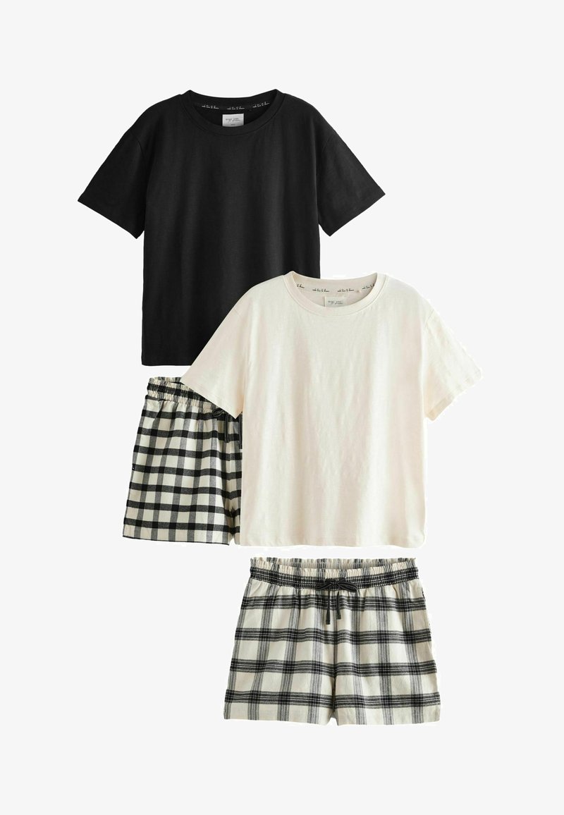 Melns kokvilnas t-krekls, īsām piedurknēm. Krēmkrāsas kokvilnas t-krekls, īsām piedurknēm. Melnbaltas kvadrātu šortas ar elastīgu jostu un auklu.