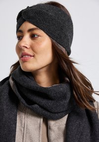 Diadema de lana negra con un diseño trenzado, combinada con una bufanda de lana gris oscuro a juego. Textura suave, apariencia acogedora y un look en capas.