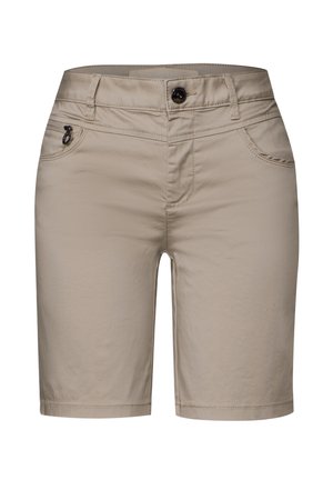 Beige Shorts aus leichtem Stoff mit einem vorderen Knopfverschluss, zwei seitlichen Taschen und einem sauberen, geraden Saumdesign.