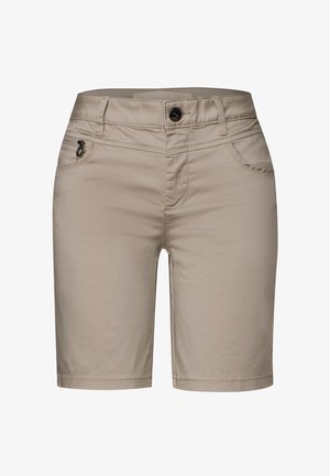 Pantaloni shorts beige realizzati in tessuto leggero, con chiusura frontale a bottone, due tasche laterali e un design a orlo dritto e pulito.