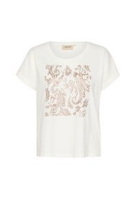 T-shirt en coton blanc avec un col rond et des manches courtes, arborant un motif paisley métallisé rose doré à l'avant.