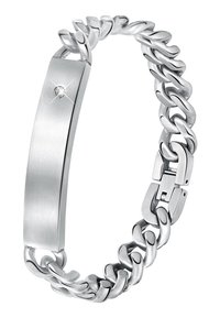 Zilveren metalen armband met een gladde, gebrusht afwerking, met een platte rechthoekige middenstuk en een gekoppeld kettingontwerp,accentueert door een kleine heldere steen.