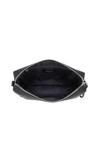 Borsa in nylon nera con zip argentata. L'interno presenta una fodera scura e scomparti per l'organizzazione. Logo visibile all'interno.