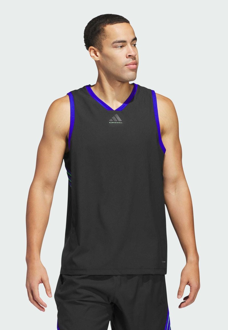 Black athletic tank top with a V-neck, featuring blue accents on the shoulders and sides, and a logo on the chest. Smooth, lightweight fabric.
