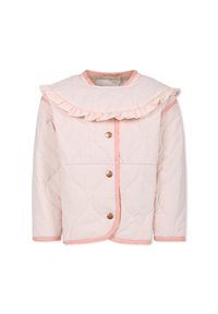 Giubbotto imbottito di colore rosa chiaro, con colletto a balze, chiusura a bottoni a pressione e motivo trapuntato con rifiniture a contrasto.