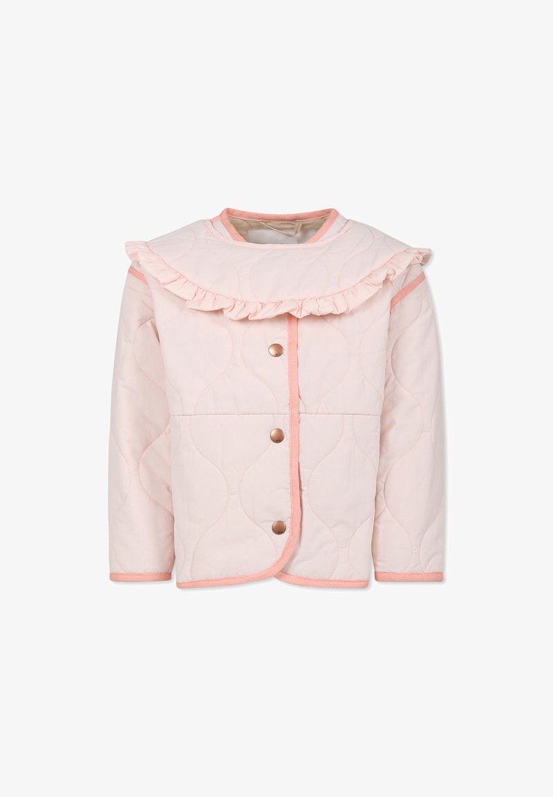 Polstret jakke i lys pink med flæsekant, trykknaplukning og quiltet mønster med kontrasterende kant.