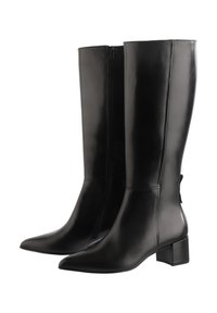 Bottes en cuir noires montantes avec un embout pointu et un talon carré, dotées d'une fermeture éclaire sur le côté et d'un détail de nœud décoratif à l'arrière.