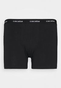 Black cotton boxer shorts with an elastic waistband featuring the brand name "ceceba" in white. Smooth texture, no visible patterns or accents.