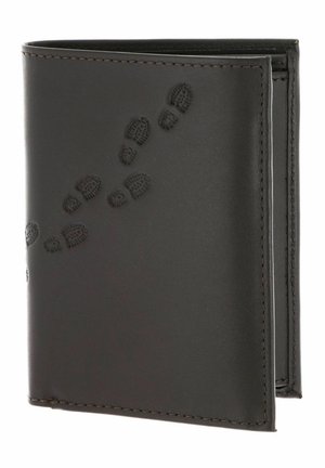 Black leather bifold wallet with embossed diagonal boot tread print on the front cover.
