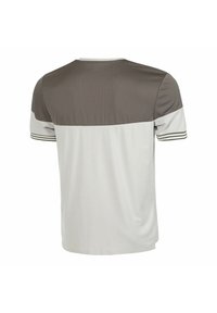 Korte mouwen sportshirt met een grijze bovenpaneel en een witte ondersectie, met strepen op de mouwboorden en een ronde halslijn.