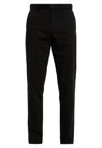 Černé rovné kalhoty vyrobené z bavlny, s předním zapínáním na knoflík, poutky na opasek a bočními kapsami. Hladká, jednotná textura.