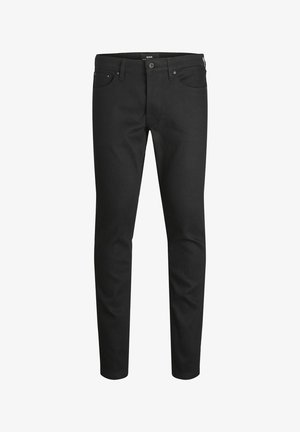 Sorte denim jeans med slim fit, har fem lommer, metallbeslag og en glatt tekstur. Minimalistisk design uten mønstre.