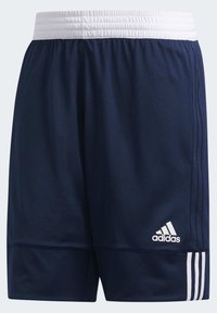 Marineblaue Sportshorts mit einem weißen elastischen Bund, aus atmungsaktivem Material, mit dem weißen Adidas-Logo und drei Streifen an der Seite.