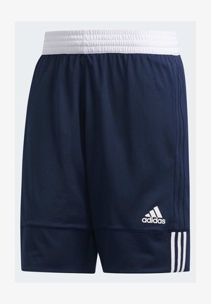 Marineblauwe sportshorts met een witte elastische tailleband, gemaakt van ademend materiaal, met het witte Adidas-logo en drie strepen aan de zijkant.