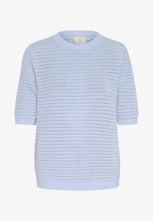 Ljusblå stickad tröja med korta ärmar, med ett strukturerat öppet stickmönster och rund halsringning. Mjuk, ventilerande material.