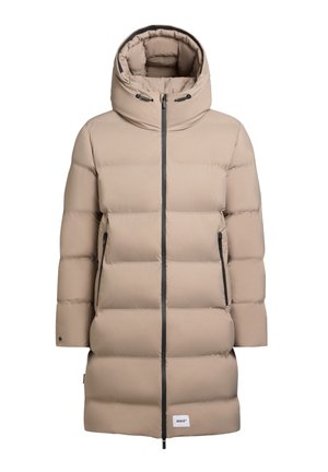 Beige puffjacka med hög krage, vadderad design, två sidofickor med dragkedja och en frontdragkedja. Accenterad med mörka detaljer.