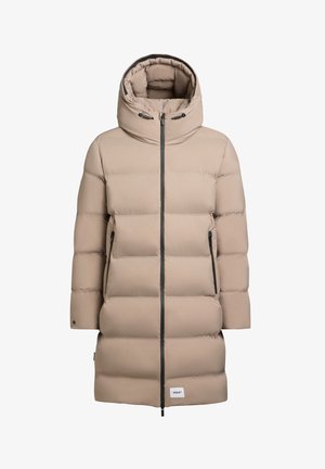 Beige puffer jacket with a high collar, padded design, two side zip pockets, and a front zipper closure. Accented with dark trims.