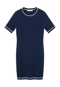 Abito lavorato a maglia blu navy con maniche corte, con piping bianco attorno al collo rotondo e ai bordi delle maniche; silhouette aderente.