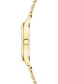 Goldfarbene Armbanduhr mit rundem Gehäuse, glattem Lünette und einem verlinkten Armband. Verfügt über eine einzelne runde Krone an der Seite zur Einstellung.