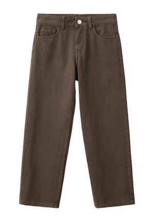 Jeans marroni in denim con gamba dritta, tasche anteriori, passanti per cintura e chiusura con bottone argento in vita.