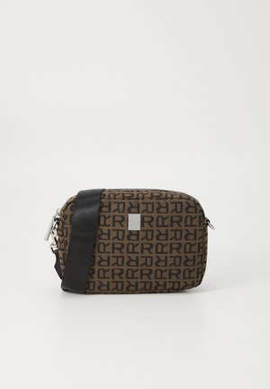 Brown patterned crossbody bag with a black strap, featuring a silver hardware detail and zipper closure, displaying repeated logos.