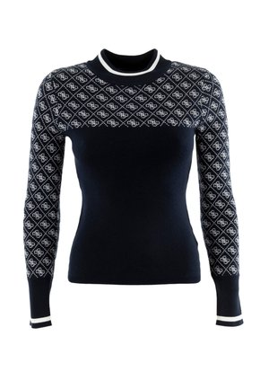 Maglione a maniche lunghe blu navy con motivo geometrico bianco sulle maniche e sul petto superiore, colletto e polsini a coste con strisce bianche.