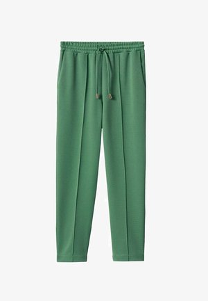 Pantalon de survêtement vert fuselé avec taille élastique et cordon de serrage, doté de poches latérales et de détails de couture le long de l'avant de chaque jambe.