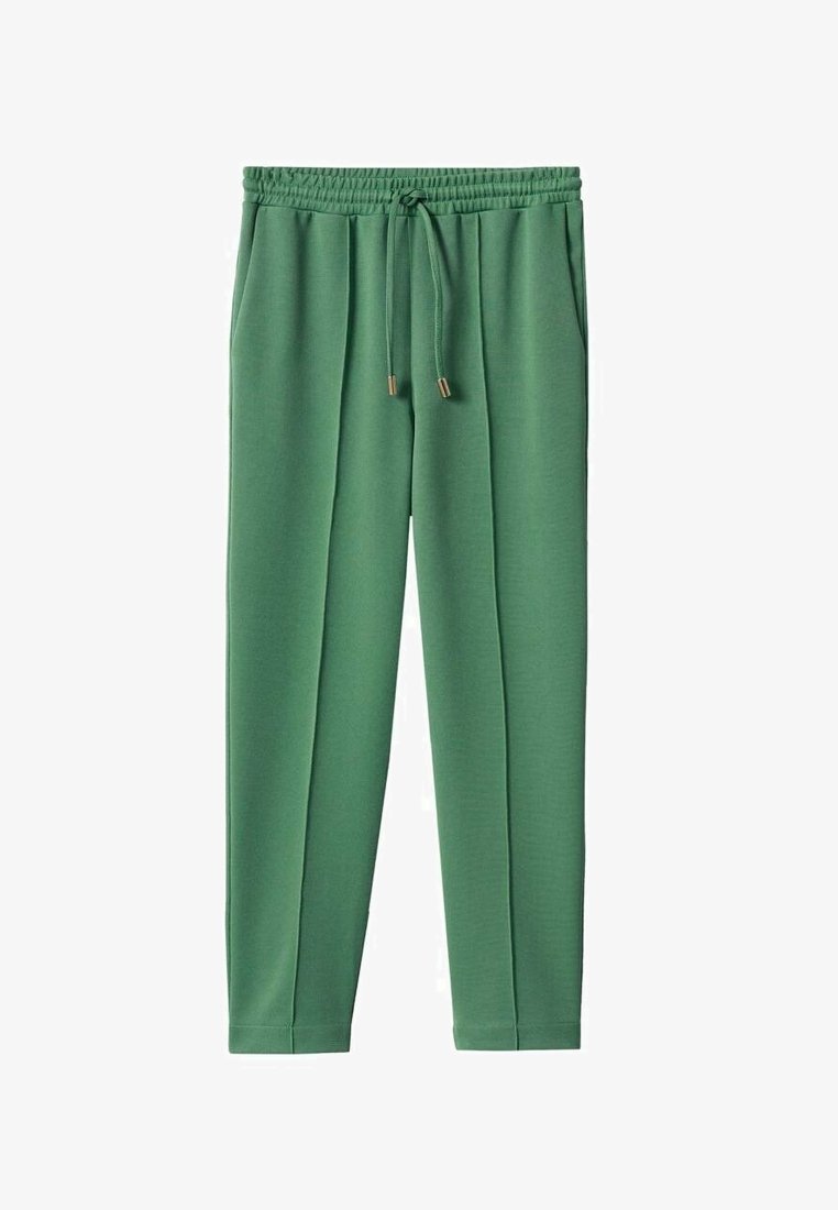 Pantalon de survêtement vert fuselé avec taille élastique et cordon de serrage, doté de poches latérales et de détails de couture le long de l'avant de chaque jambe.